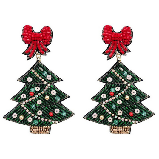 Big Bow Sequin Rhinestone Christmas Tree Earrings
