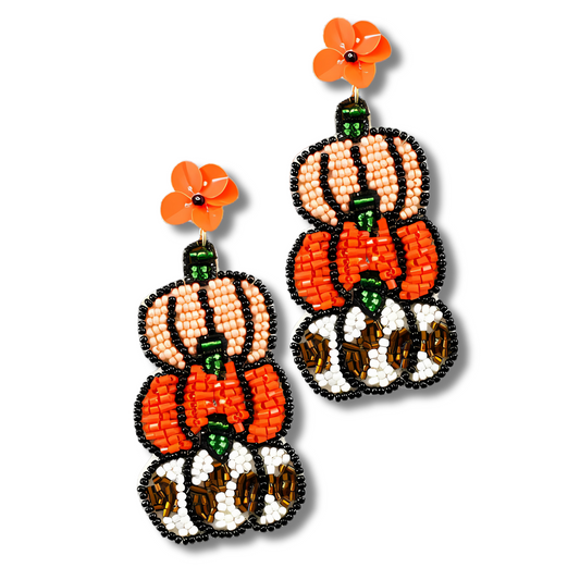 Triple Tier Pumpkin Fall Theme Beaded Earrings