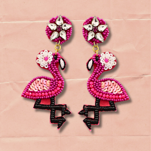 Pink Flamingo Tropical Bird Seed Bead Crystal Earrings
