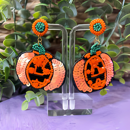 Sparkle Sequin Beaded Jack-O-Lantern Pumpkin Earrings
