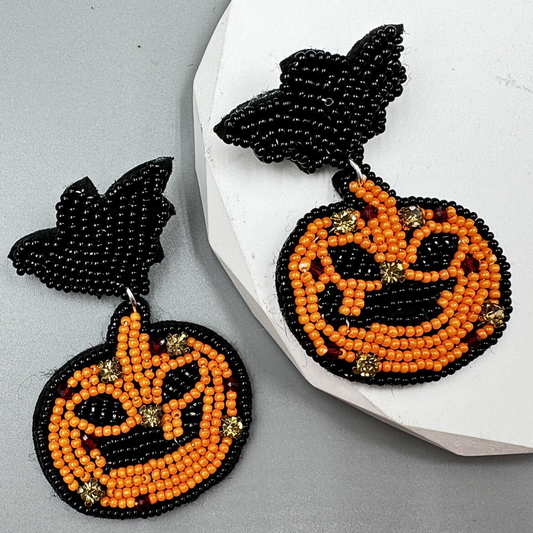 Beaded Bat Jack-O-Lantern Pumpkin Halloween Earrings