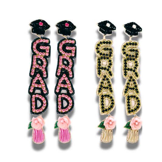 Graduation Cap Flower Rhinestone Beaded Earrings