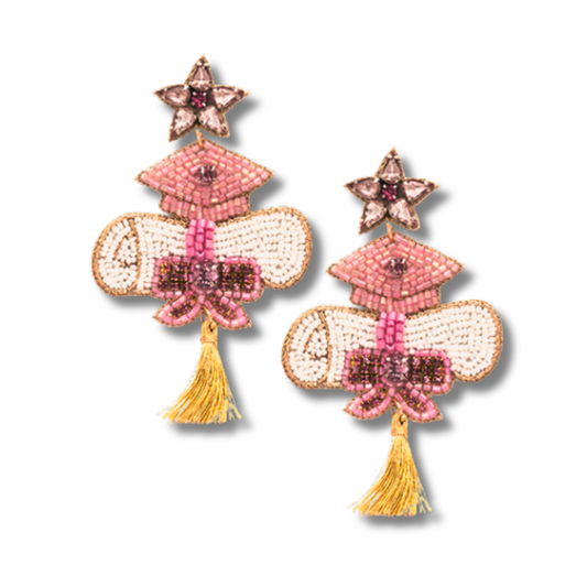 Graduation Cap Diploma Pink Seed Beaded Earrings