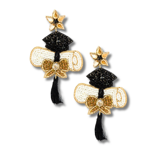 Graduation Cap Diploma Black Seed Beaded Earrings