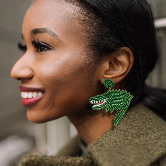 Crocodile Alligator Green Seed Beaded Earrings