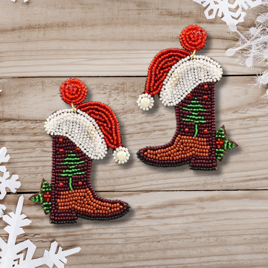 Christmas Beaded Western Theme Santa Hat Boots Earrings