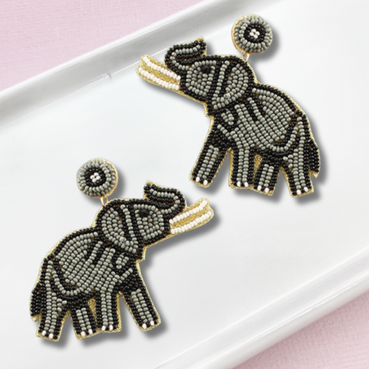 Gray White Tusk Beaded Elephant Lovers Earrings