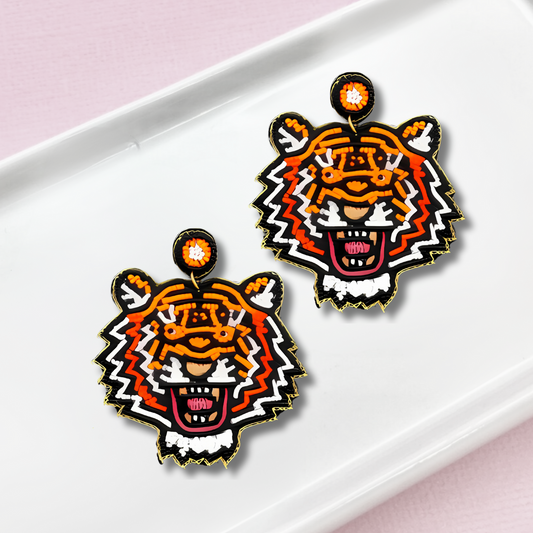 Orange Roaring Tiger Large Seed Beaded Earrings