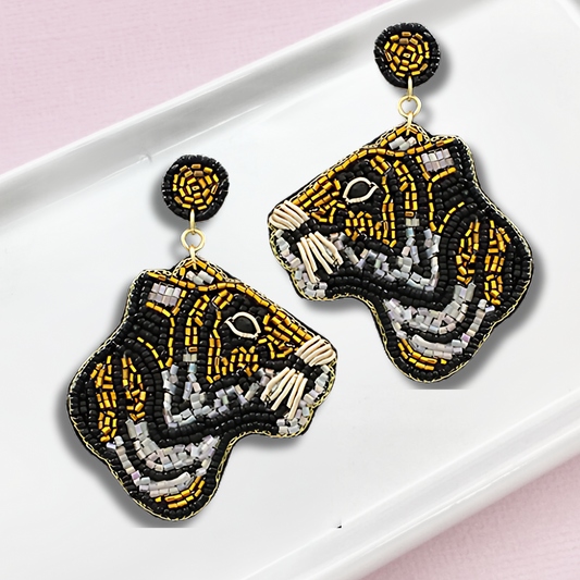 Side Profile Glass Beaded Tiger Safari Theme Earrings