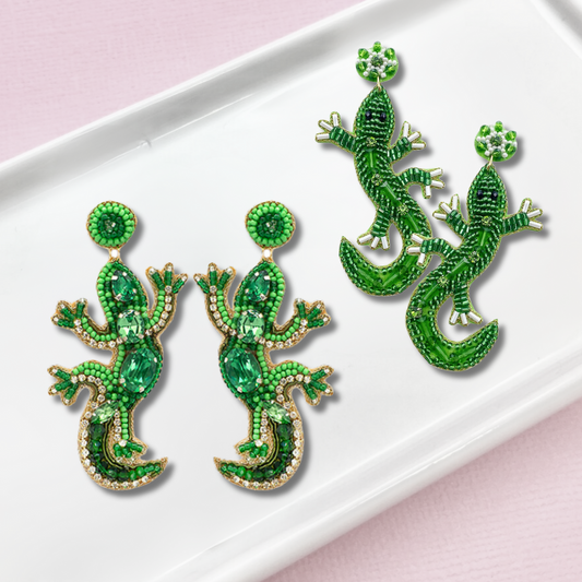 Lizard Gecko Green Beaded Crystal Earrings