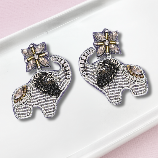 Jeweled Beaded Silver Elephant Lovers Earrings