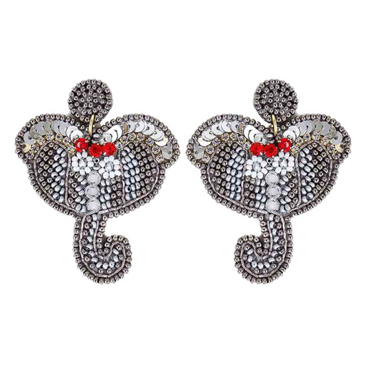 Gray Sequin Rhinestone Beaded Elephant Earrings
