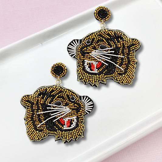 Growling Tiger Glass Beaded Safari Theme Earrings