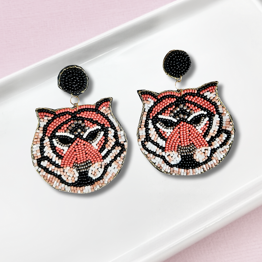 Tiger Head Jungle Safari Seed Beaded Earrings