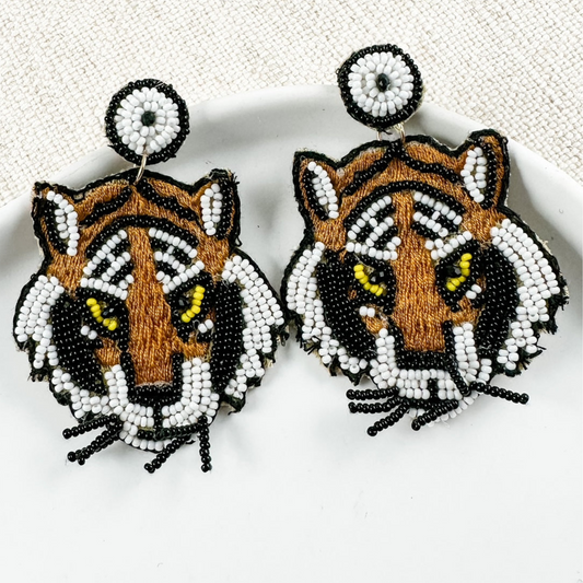 Whiskered Tiger Jungle Safari Seed Beaded Earrings