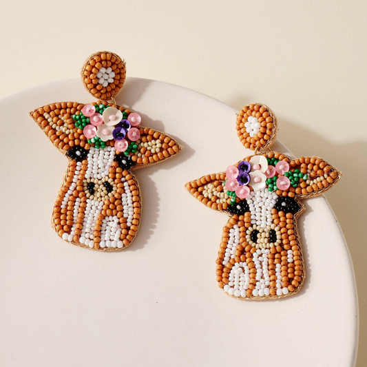 Boho Style Floral Farm Cow Seed Beaded Earrings