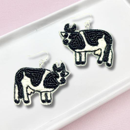 Black White Farm Cow Seed Beaded Earrings