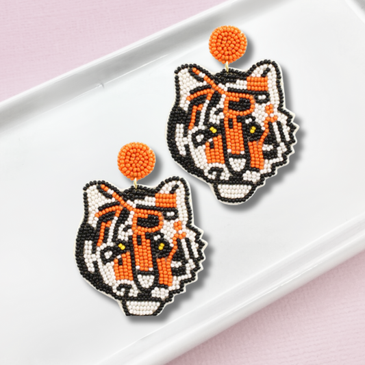 Orange Tiger Jungle Mascot Seed Beaded Earrings
