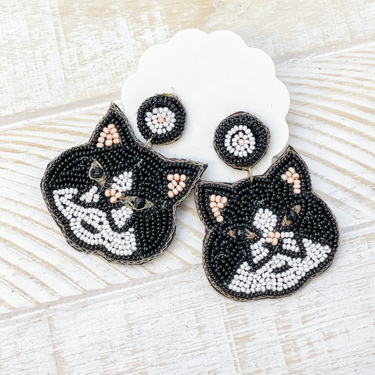 Black Cat Kitten Animal Seed Beaded Earrings