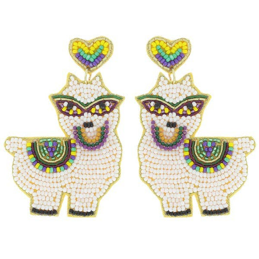 Beaded Mardi Gras Llama Dangle Earrings