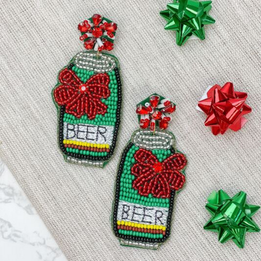 Christmas Beer Can Beaded Dangle Earrings