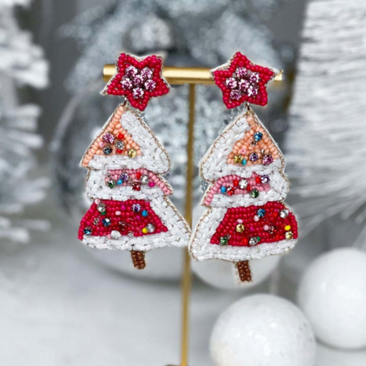 Frosted Snow Christmas Tree Crystal Beaded Artisan Earrings