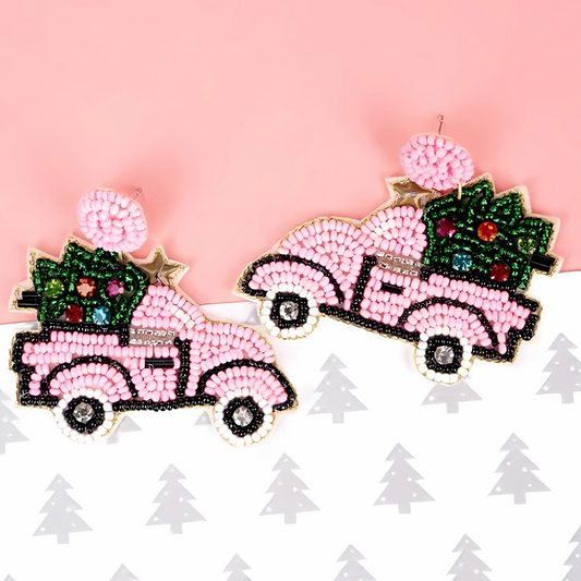 Pink Truck Cowgirl Western Christmas Tree Bead Earrings
