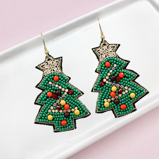 Rhinestone Beaded Festive Christmas Tree Holiday Earrings