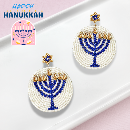 Happy Hanukkah Blue Candle Menorah Beaded Gift Earrings