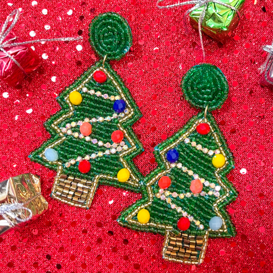 Rhinestone Seed Beaded Christmas Tree Holiday Earrings