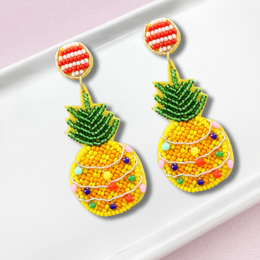 Christmas Pineapple Tropical Seed Beaded Holiday Earrings