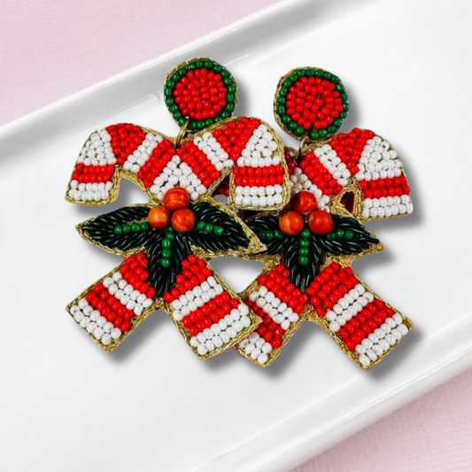 Christmas Candy Cane Holiday Seed Beaded Earrings