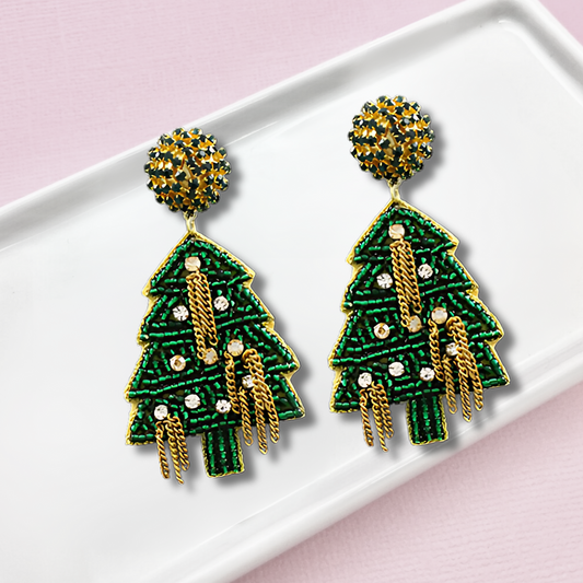 Tinsel Chain Christmas Tree Holiday Beaded Earrings