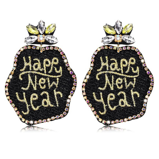 New Years Eve Black Gold Rhinestone Crystal Beaded Earrings
