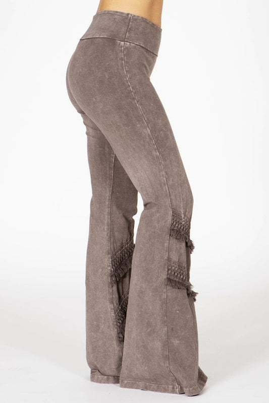 Michaela Mineral Washed Taupe Boho Ruffle Bell Bottom Pants