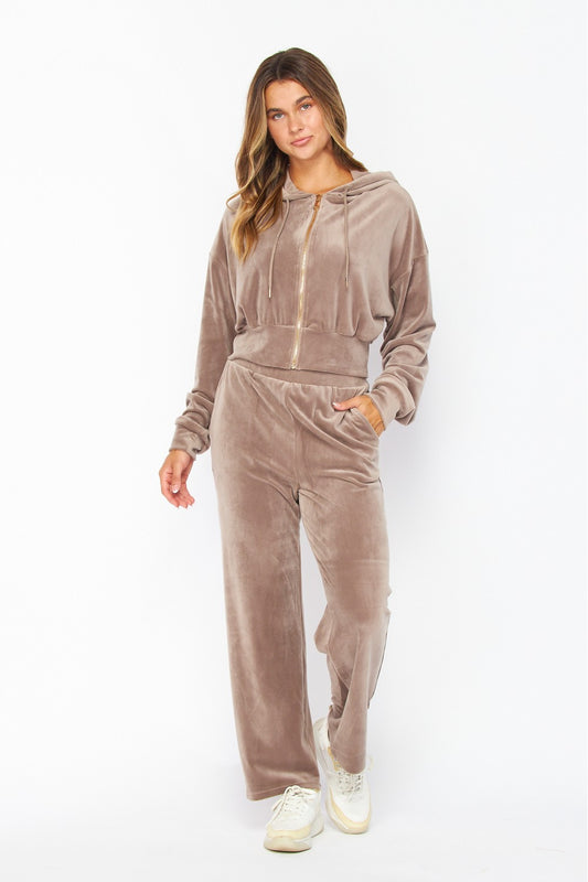 WEEKEND WARRIOR VELOUR JOGGER SET IN TAUPE