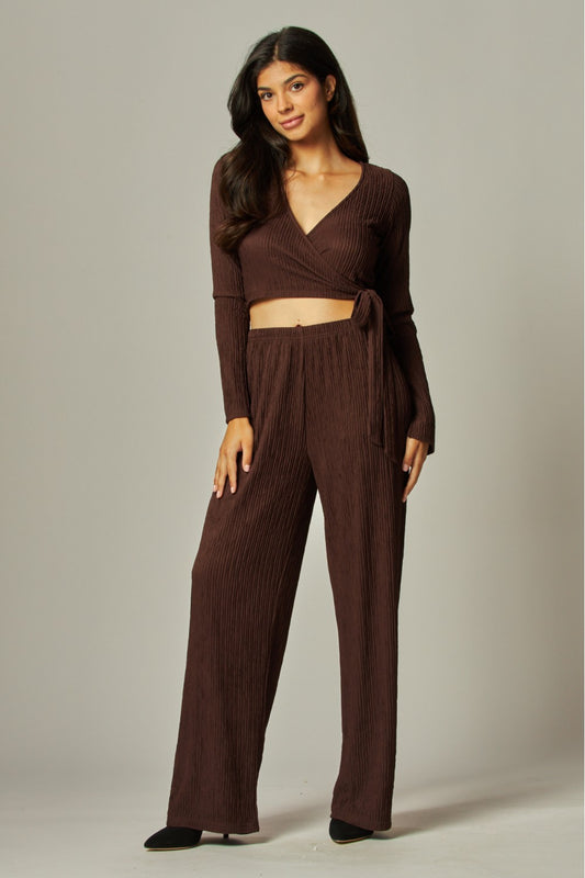 'PLISSED' TO MEET YOU LEISURE PANTS SET IN BROWN