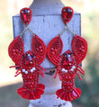 Red Jeweled Crawfish Lobster Seed Beaded Earrings