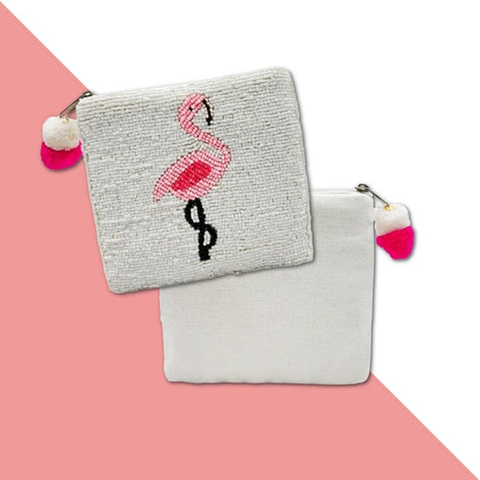 Pink Flamingo Beaded Purse Money Storage Pouch