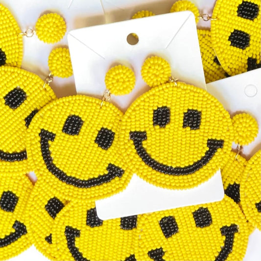 Smiley Face Emoji Yellow Seed Beaded Earrings