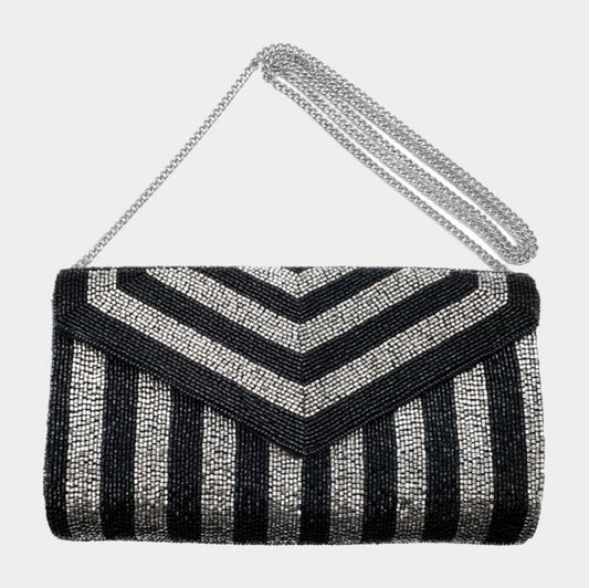 Black Pink Striped Beaded Crossbody Clutch Handbag