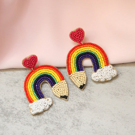 Teacher Rainbow Love Pencil Seed Beaded Earrings