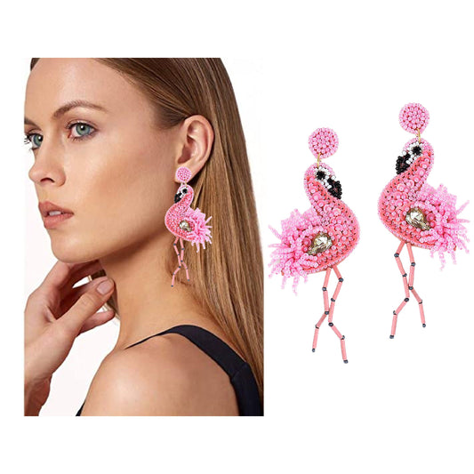 Pink Flamingo Beaded Crystal Jeweled Dangle Earrings