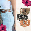 Hand-Embroidered Hibiscus Floral Boho Vegan Leather Buckle Belt