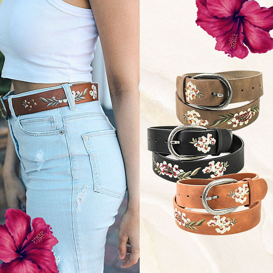 Hand-Embroidered Hibiscus Floral Boho Vegan Leather Buckle Belt