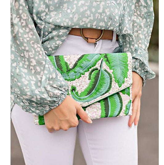Tropical Leaf Seed Bead Sequin Crossbody Clutch Handbag