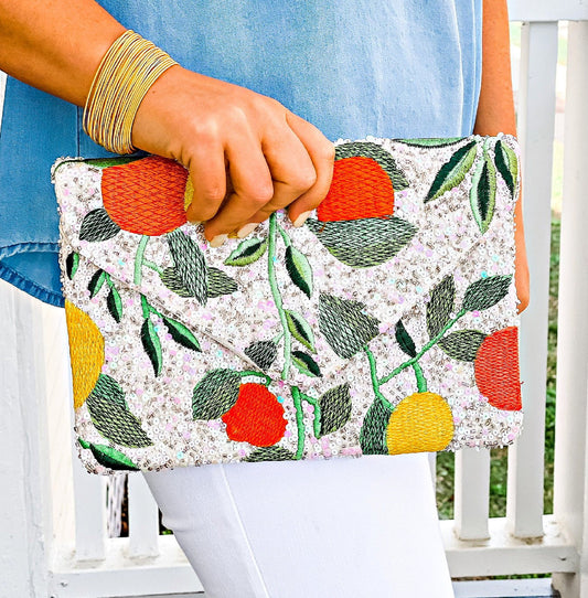 Tropical Citrus Fruit Grove Beaded Crossbody Clutch Handbag