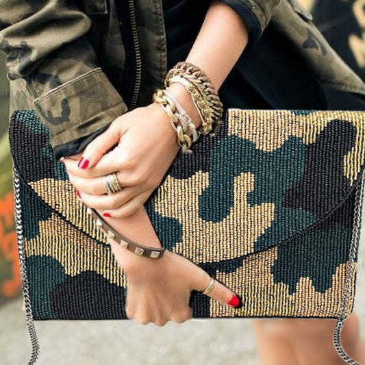 Janie Camo Beaded Crossbody Clutch Handbag