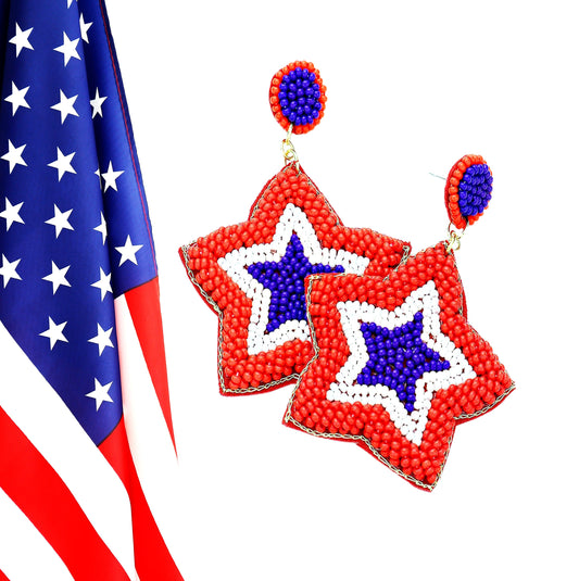 STAR USA American Flag Red White Blue Beaded Earrings