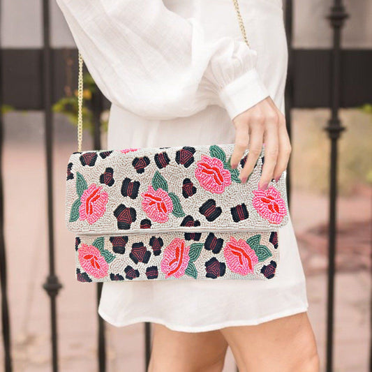 Wild Roses Leopard Beaded Crossbody Clutch Handbag